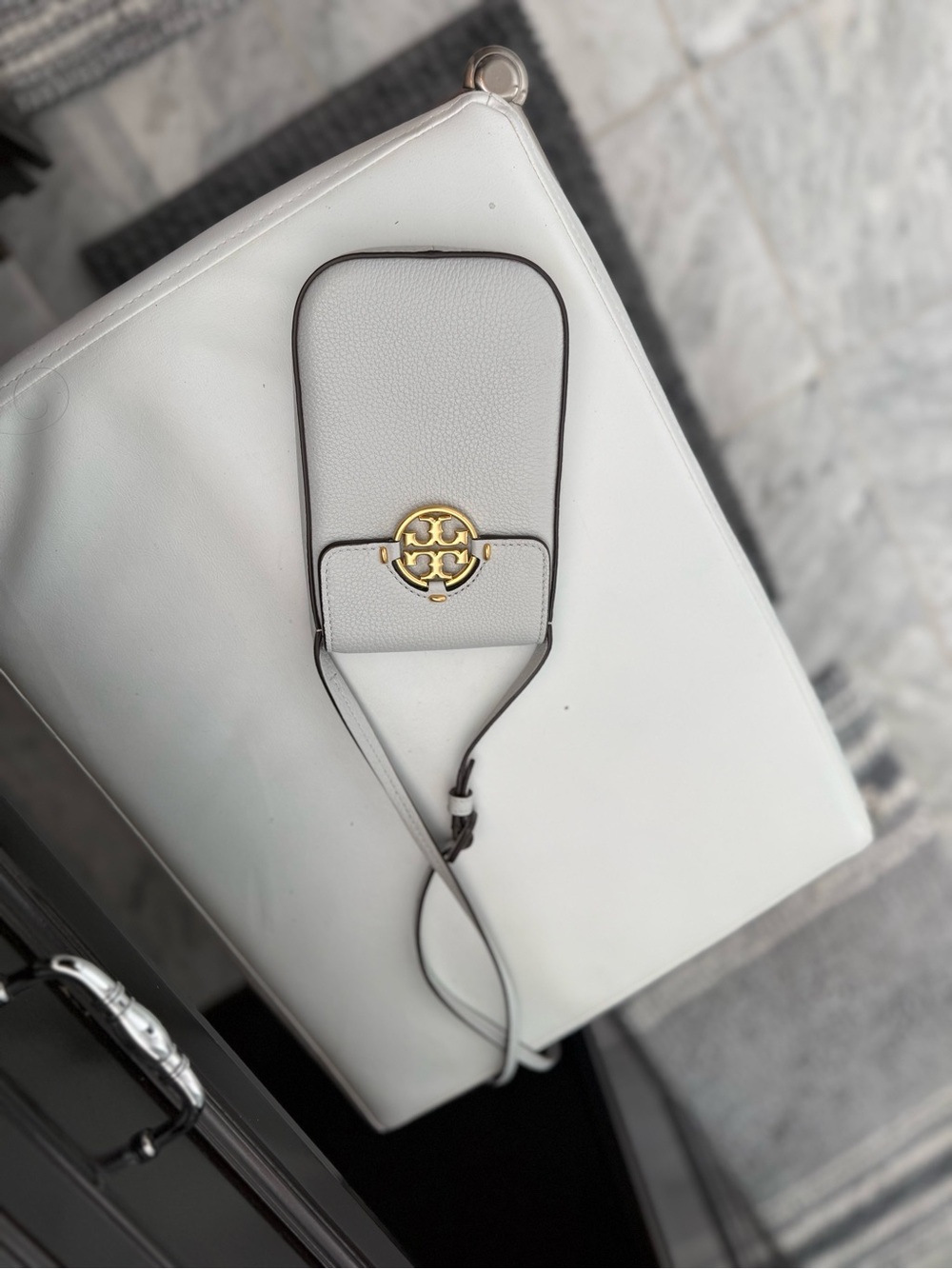 Tory Burch White Pebbled Leather Crossbody with Gold-Tone Logo